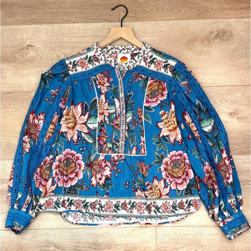 Farm Rio Wonderful Bouquet Floral Blue Long Sleeve Blouse Size Small